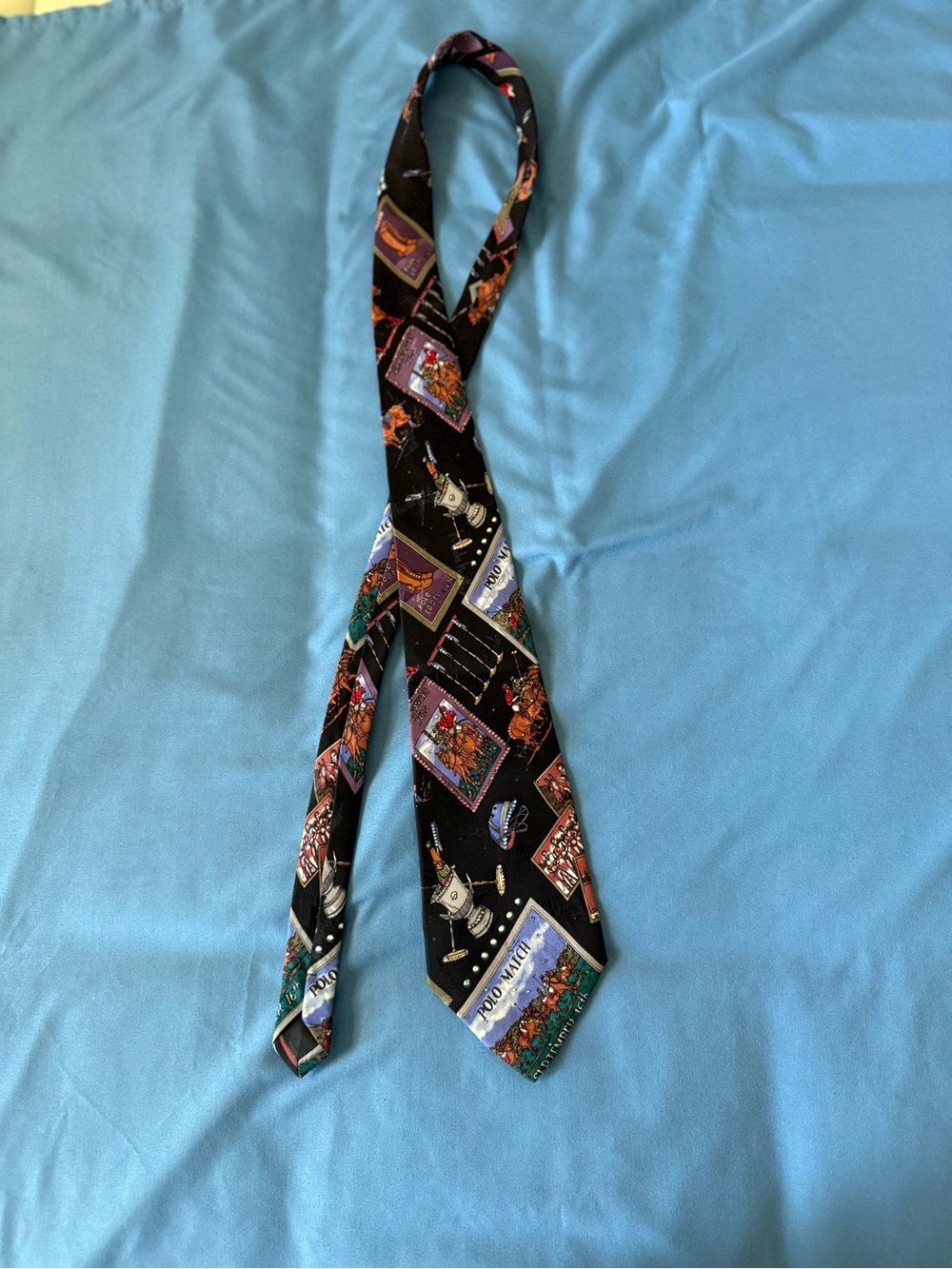 Black Novelty Printed Men's Tie. Polo themed. 100% silk. Handmade.